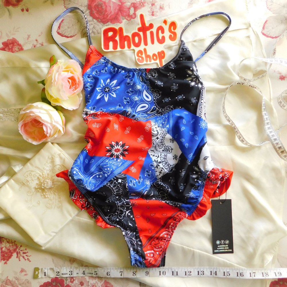 NWT Open Back Ruffle Bandanna Print One Piece
